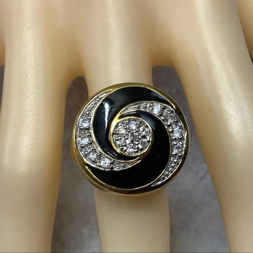 Black Enamel swirl statement ring in gold tone